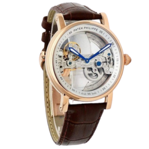 Patek Philippe Automatic Rose Gold Transparent Dial Leather Strap