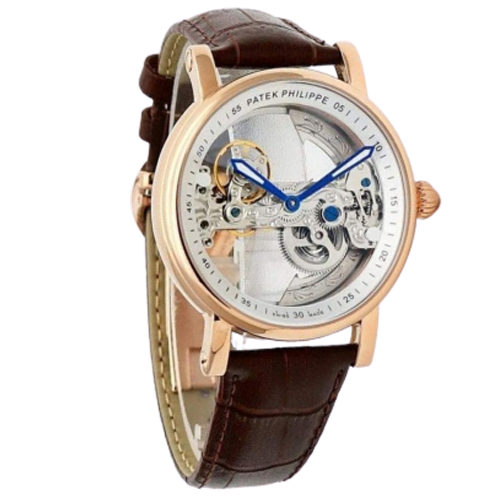 Patek Philippe Automatic Rose Gold Transparent Dial Leather Strap