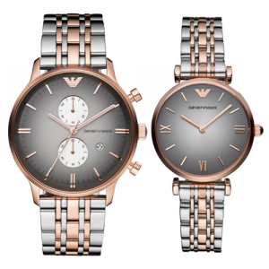 Emporio Armani Grey Dial Two Tone Band Stainless Steel Couple Watch